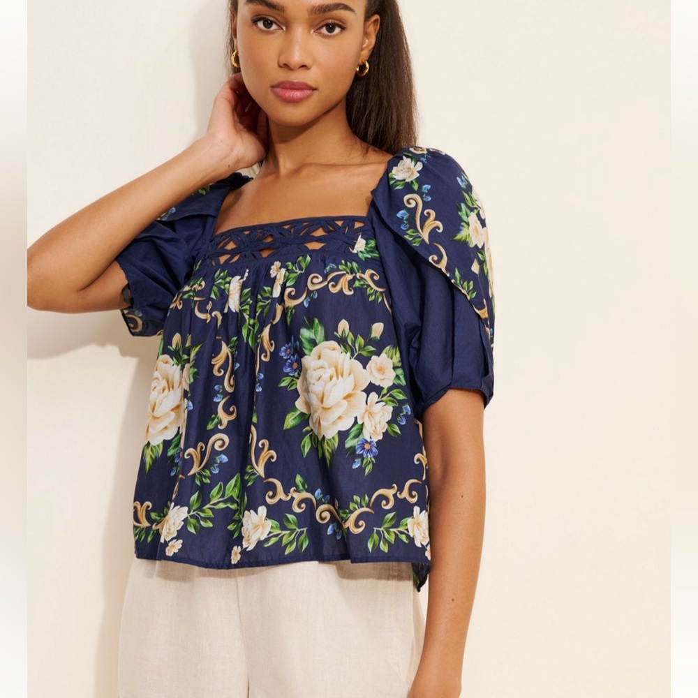 Farm Rio Flower Tapestry Yoke top